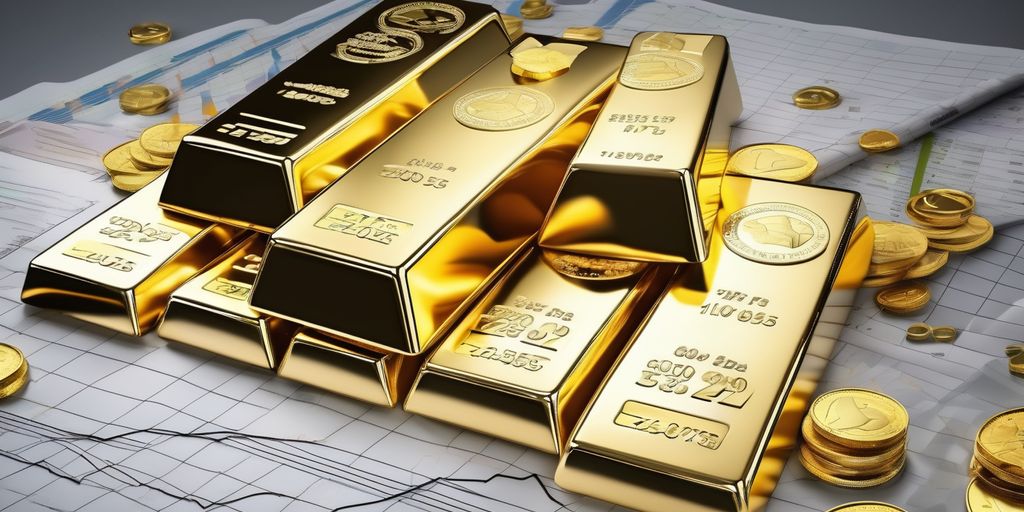 gold and silver ETFs as inflation hedge, financial charts, gold bars, silver coins, stock market graphs
