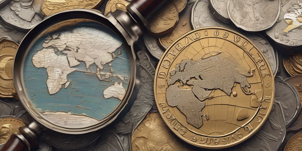 vintage coins collection with magnifying glass and world map background