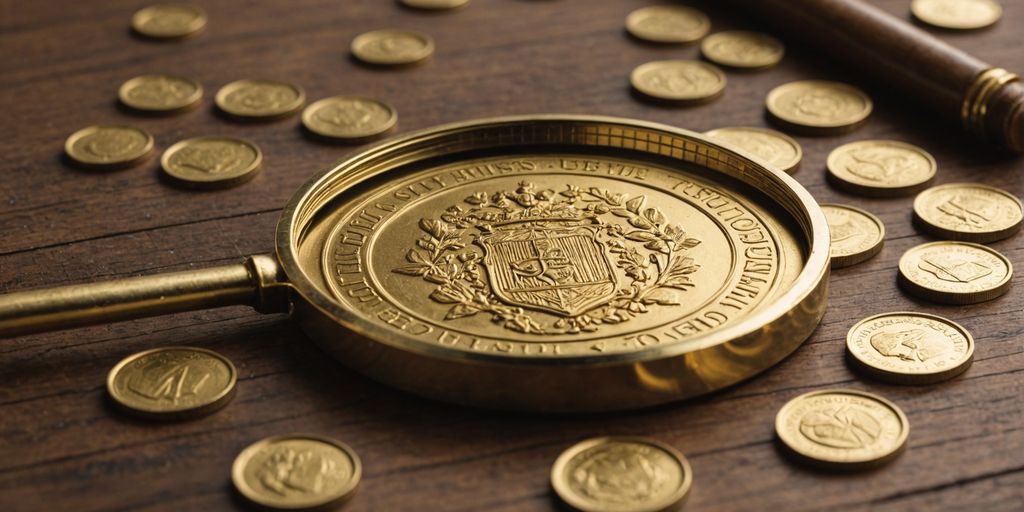Magnifying glass examining a gold coin