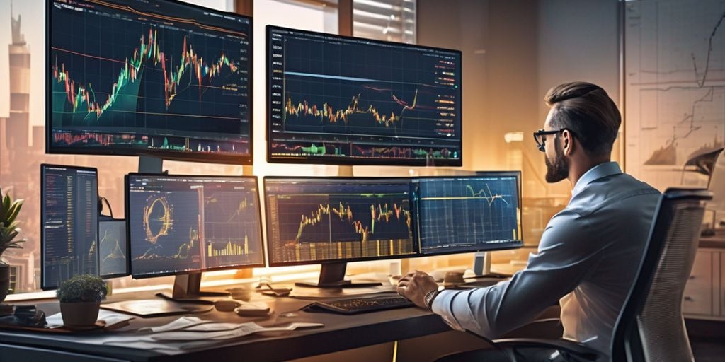 traders analyzing gold and silver prices on multiple screens with financial charts and graphs, leveraging strategies, modern office