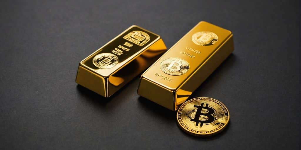 Gold bar and Bitcoin coin split image.
