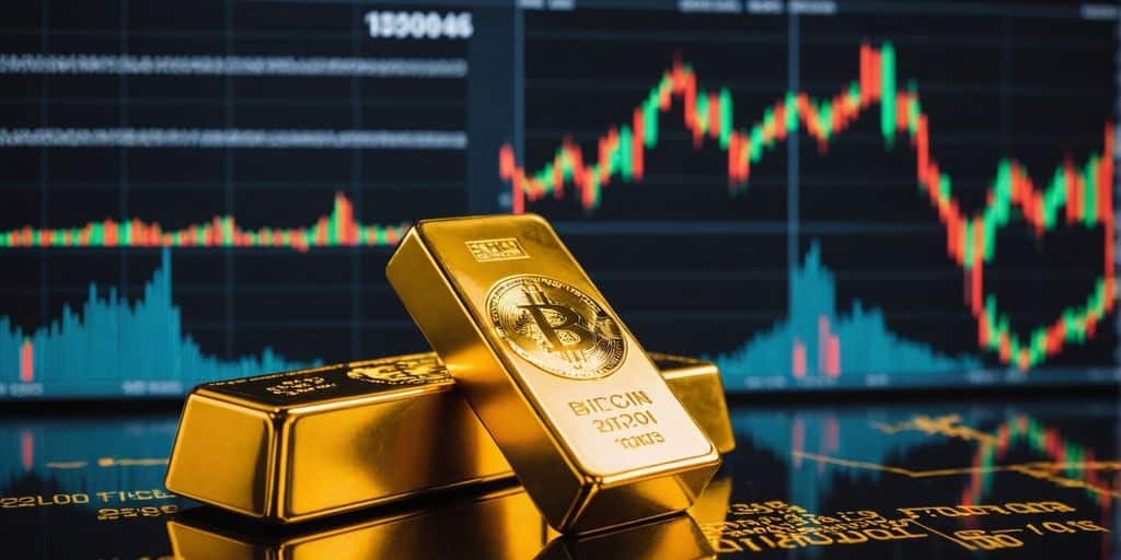 Gold bar and Bitcoin coin with financial graphs