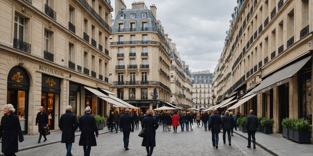Historic Parisian street with people walking.