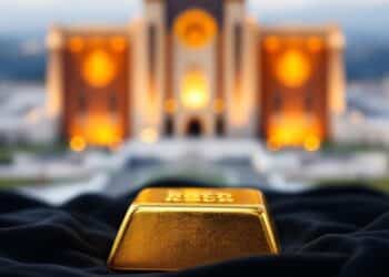 Goudstaaf op onscherpe achtergrond van Fort Knox.