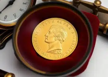 Monnaie en or Napoléon sur un coussin en velours.