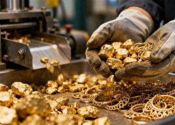 Nuggets d'or et bijoux en cours de recyclage.