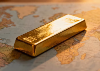 Lingot d'or sur une carte du monde.