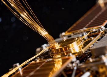 Composants dorés d'un satellite dans l'espace.