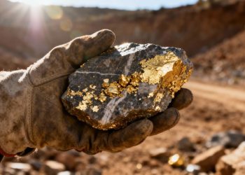 Main d'un géologue tenant une roche avec des pépites d'or.