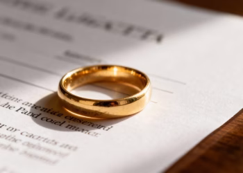 Bague dorée sur un document légal.