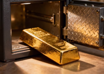 Coffre-fort ouvert avec une barre d'or à l'intérieur.