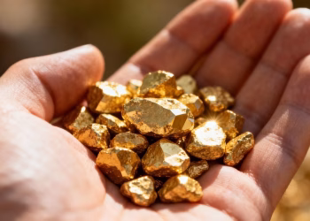 Main d'or tenant des pépites d'or brillantes.