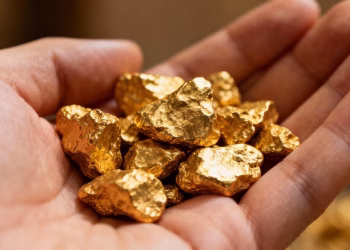 Nuggets d'or bruts et brillants dans une main.