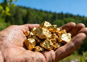 Main d'or éthique et forêt verdoyante.