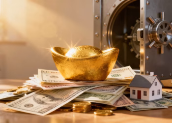 Lingot d'or et divers actifs financiers, coffre-fort ouvert.