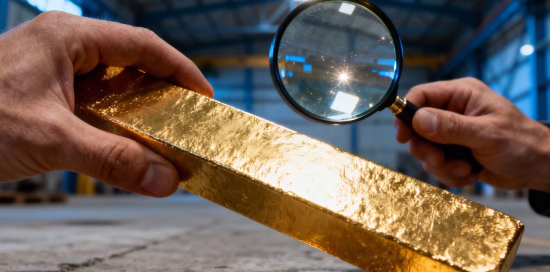 The hand of a banker examining a gold bar with a magnifying glass.