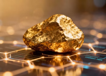 Nugget d'or sur un fond de réseau blockchain numérique.