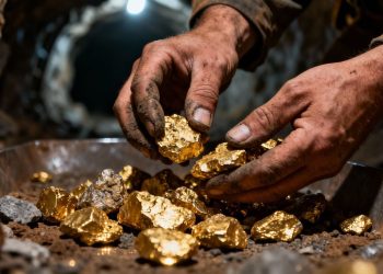 Mains tenant des pépites d'or dans une mine.