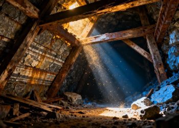 Intérieur d'une mine d'or sombre avec des poutres de soutien.