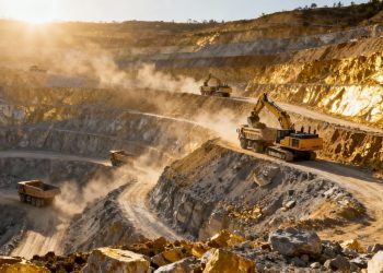 Machinerie lourde dans une mine d'or à ciel ouvert.