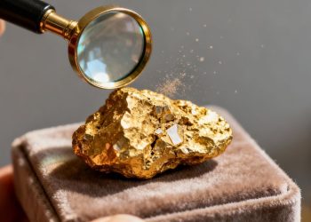Nugget d'or sous une loupe pour vérifier sa provenance.