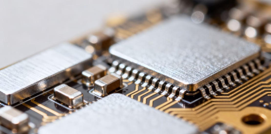 Composants électroniques avec des contacts métalliques brillants.