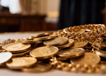 Pièce d'or et bijoux, symbole de richesse et d'héritage.