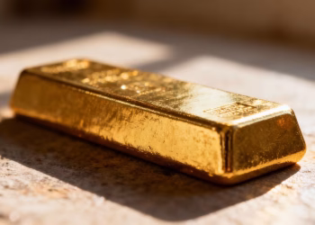 Barre d'or brillante sur fond flou.