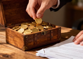Main dorée plaçant une pièce d'or dans un coffre.