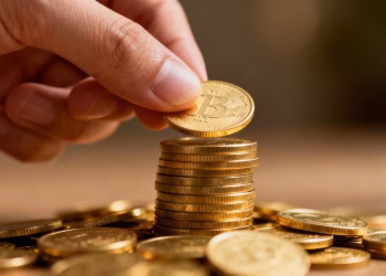 Main d'or plaçant une pièce d'or dans une pile.