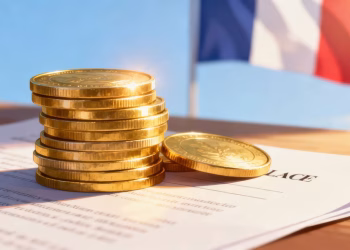 Succession d'or en France : pièces, document, drapeau.