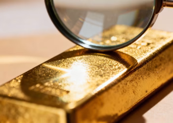 Lingot d'or sous une loupe, gros plan.