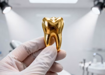 Main dorée dans une clinique dentaire.
