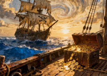 Navire pirate naviguant vers un trésor d'or.