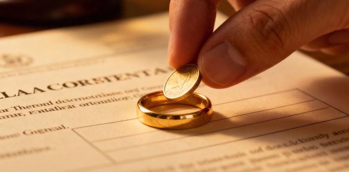 خاتم ذهبي على وثيقة وعملة ذهبية موضوعة في الأعلى.