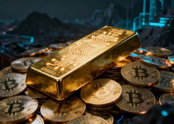 Barre d'or numérique et pièces de cryptomonnaie
