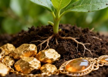 Nuggets d'or et bijoux près d'une plante verte.