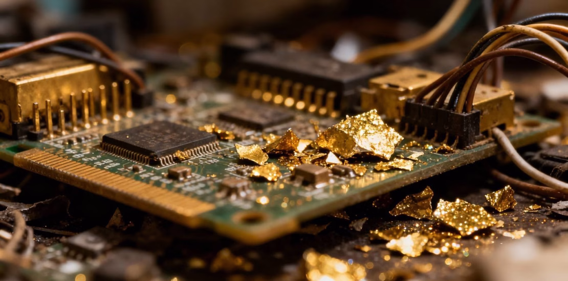 Composants électroniques avec des traces d'or.