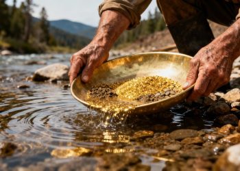 Mains de prospecteur cherchant de l'or dans une rivière.