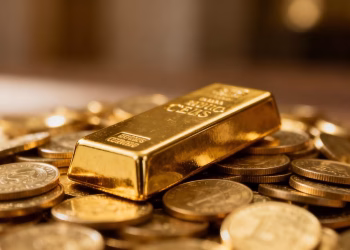 Barre d'or sur des pièces d'or.