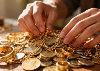 Mains triant des bijoux en or et des pièces.