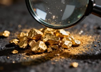 Petites pépites d'or sous une loupe.