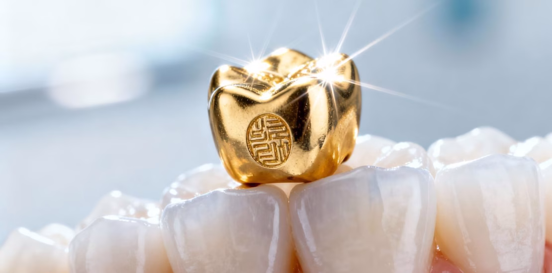 Corona dental de oro en un diente.