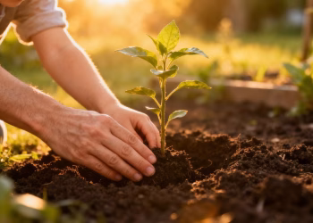 Main parentale guidant la main d'un enfant dans un jardin.