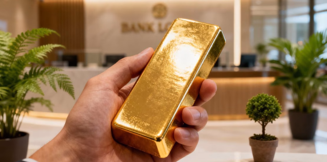 Main d'une personne tenant une barre d'or devant une banque.