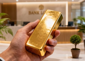 Main d'une personne tenant une barre d'or devant une banque.