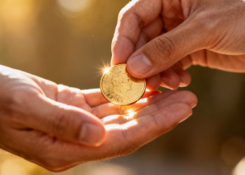 Main dorée transférant une pièce d'or à une autre main.