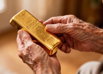 Personne âgée tenant une barre d'or.