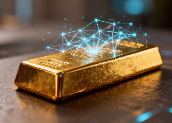 Barre d'or avec des lignes numériques lumineuses.