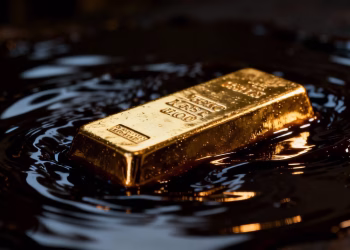 Lingot d'or dans un liquide sombre et mystérieux.